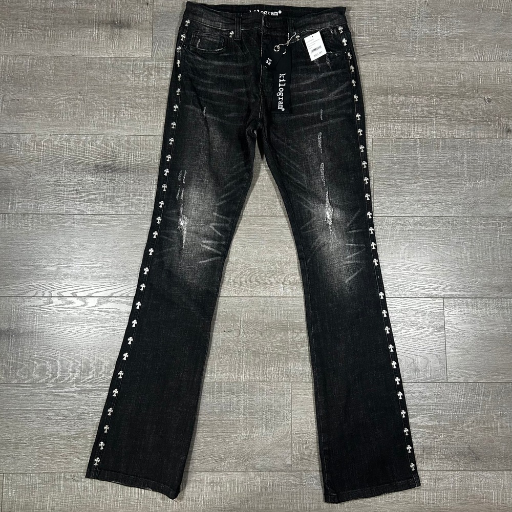 Kilogram Mens Black Distressed Flare Jeans Cross Studded Denim Size 32 0566